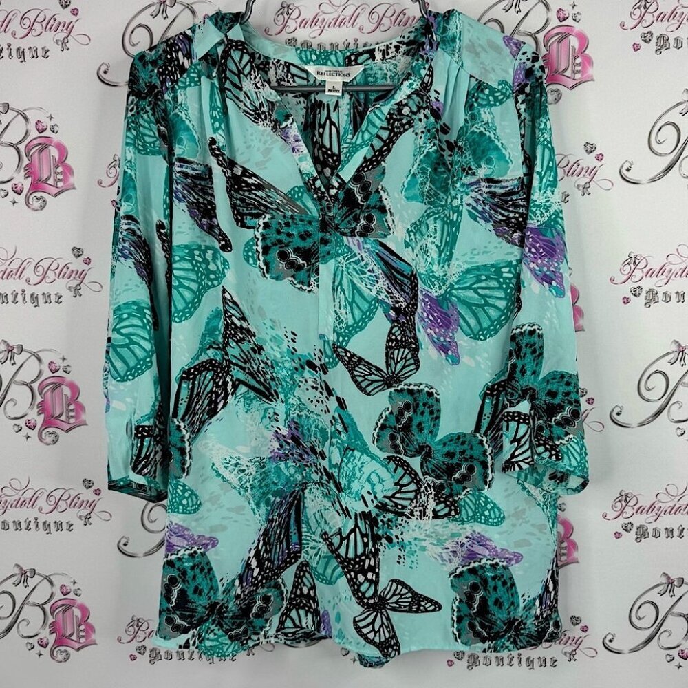 Northern Reflections top blouse long sleeve Teal Black Butterfly Blouse 🦋